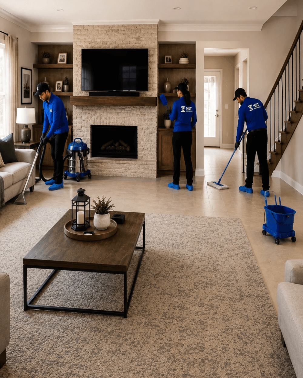 H&T cleaning team working in a living room